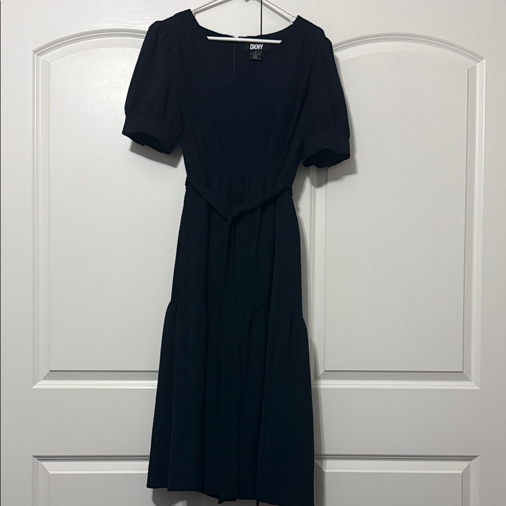 DKNY Navy Tiered Textured Dress